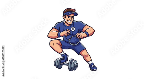 Cartoon man exercising with dumbbells in dynamic pose.
