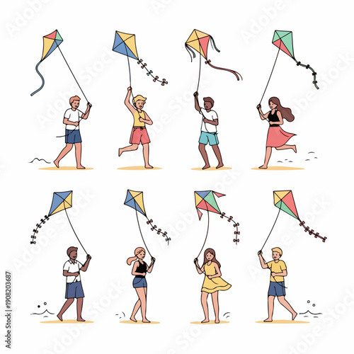 Happy young people enjoying summer vacation activities, running and walking barefoot while flying colorful kites outdoors in a vector illustration.