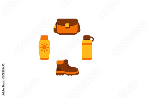 This flat vector illustration features essential outdoor equipment icons like a hiking boot, a messenger bag, sunscreen, and a flask, all rendered in warm orange and brown tones.