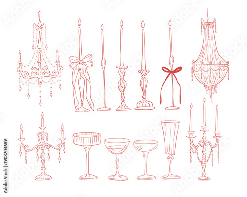 Rococo aesthetics. Hand drawn whimsy line art clip art with candelabrum with three candles, retro chandelier, candleholder with bows, champagne glass. Charming red graphics set of illustration