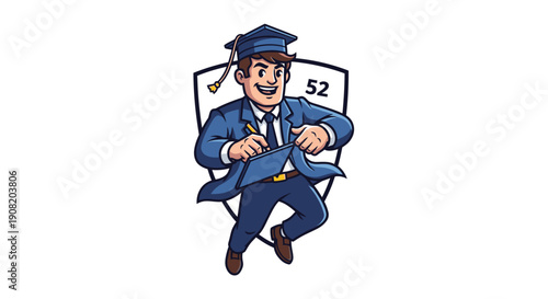 Cartoon graduate in blue gown and cap running with diploma.