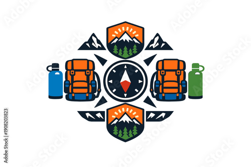 A symmetrical vector illustration featuring camping gear like orange backpacks, water bottles, and a central compass, surrounded by mountain and forest icons on a dark background.