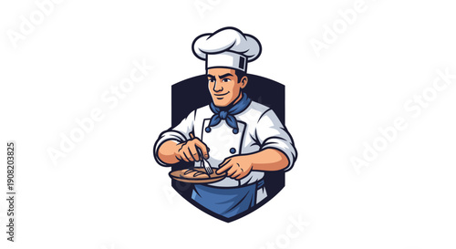 Cartoon chef preparing a meal with a knife and cutting board.