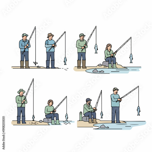 Simple line art illustrations of people fishing with rods by the water, showing successful catches and diverse anglers.