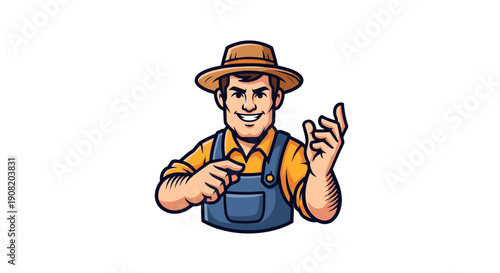 Cartoon gardener in overalls gesturing okay sign with hat on.