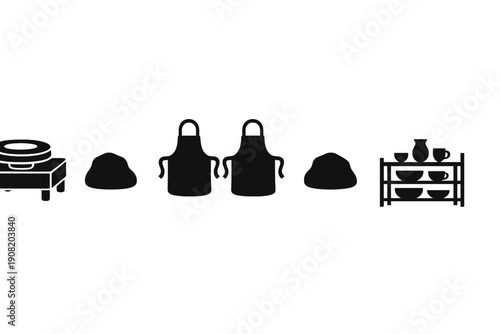 A minimalist silhouette illustration featuring pottery studio equipment including a wheel, mounds of clay, two aprons, and a shelf filled with various ceramic bowls and jugs.