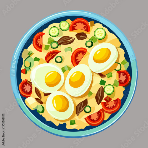 Fresh garden salad with boiled eggs tomatoes and leafy greens in a decorative blue bowl - Vector Illustration