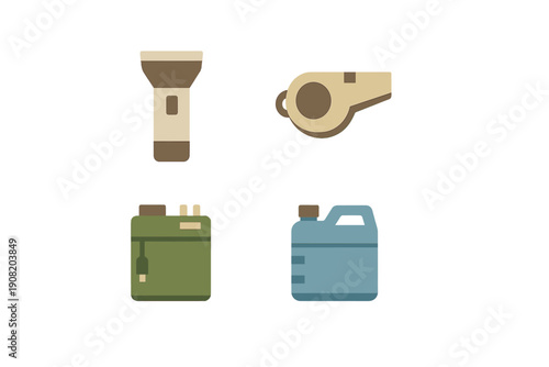 A collection of four flat design icons representing emergency survival gear, including a flashlight, a whistle, a portable power bank, and a water jug on a black background.