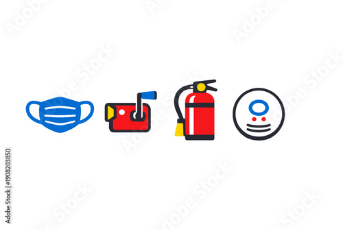 A set of four safety and emergency equipment icons including a blue medical mask, a red hand-cranked flashlight, a fire extinguisher, and a smoke detector on a black background.