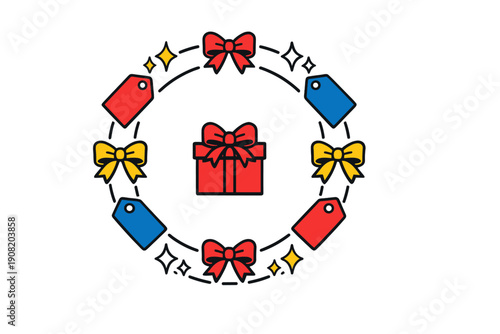 A red gift box with a bow sits in the center of a circular arrangement featuring red and blue price tags, yellow bows, and small stars against a solid black background.