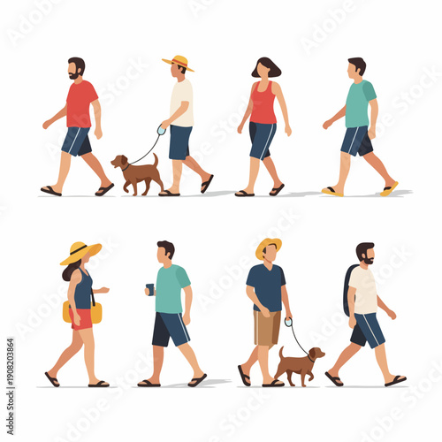 Set of diverse walking people in summer clothes, shorts, and flip-flops, enjoying outdoor leisure activities and dog walking.
