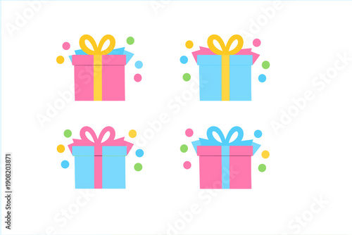A set of four colorful gift box illustrations arranged in a grid on a black background. Each box features a ribbon bow and is surrounded by vibrant confetti dots in pink, blue, and yellow.