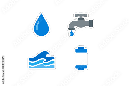 A collection of four water-related icons including a blue droplet, a grey faucet dripping water, stylized ocean waves, and a cylindrical water filter on a black background.