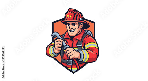 Firefighter holding a fire hose in a red uniform and helmet.