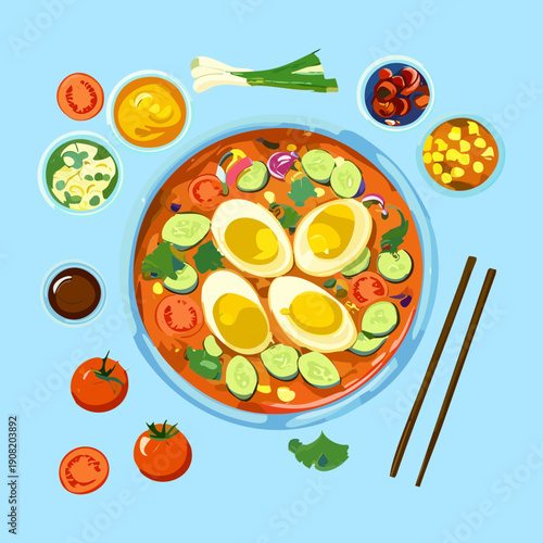 Hearty vegetable soup with boiled eggs and fresh herbs served in a colorful ceramic bowl - Vector Illustration
