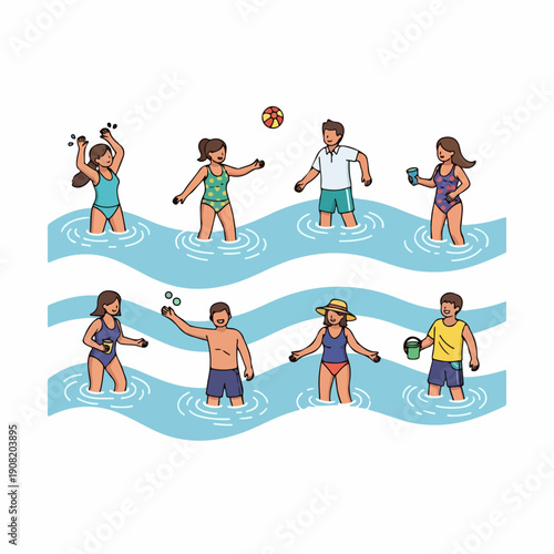 Happy people enjoying summer vacation activities, playing with a ball and wading in the water.