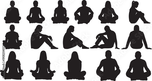 Silhouettes of people sitting in various yoga poses together