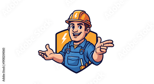 Smiling cartoon electrician character in hard hat and overalls gesturing, with a lightning bolt emblem, perfect for electrical services logo.