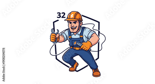 Cartoon illustration of a male electrician or handyman wearing a hard hat, holding a wrench and electrical wires, ready for work.