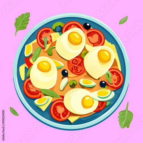 Fresh vegetable salad with boiled eggs tomatoes and olives served on a vibrant pink plate - Vector Illustration