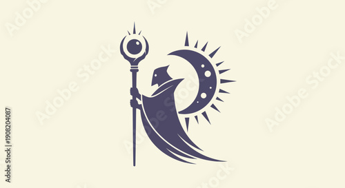 Mystical figure with staff and celestial elements