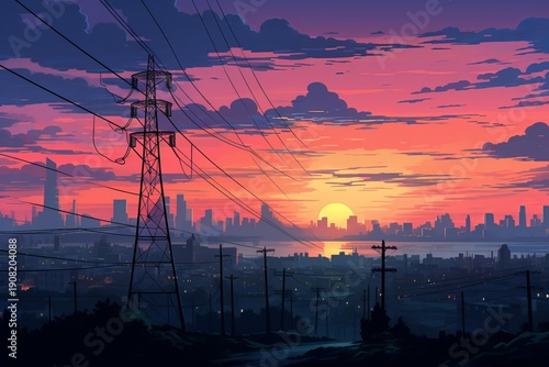 Wallpaper Mural Vivid anime cityscape at dusk featuring prominent power lines and a colorful sky Torontodigital.ca