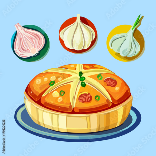 Traditional meat pie with garlic cloves and fresh green herbs on a blue plate background - Vector Illustration
