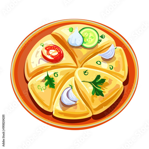Savory vegetable pie with garlic cloves and fresh herbs served on a colorful ceramic plate - Vector Illustration