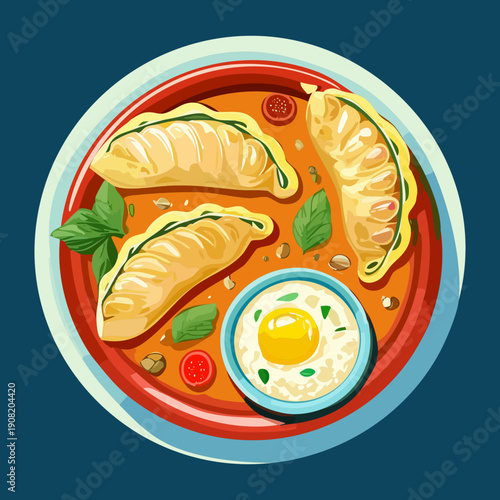 Oriental dumpling soup with boiled eggs and fresh herbs in a rich savory broth bowl - Vector Illustration