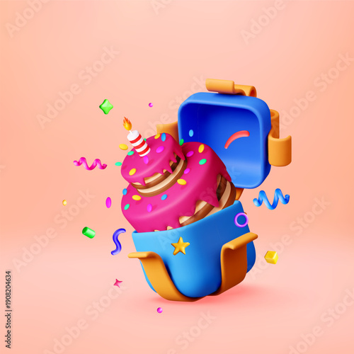 3D Birthday cake with candle popping out of gift box. Festive celebration surprise for party invitation card design. Sweet dessert. Vector illustration