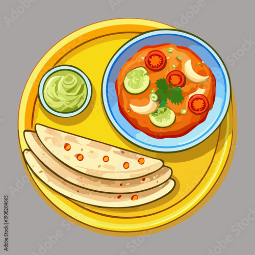 Traditional breakfast tray with hummus warm flatbread and fresh vegetable salad for healthy start - Vector Illustration