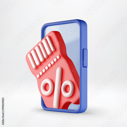 3D Red coupon with percent sign on blue smartphone screen. Digital offering for online shopping and retail sales. Mobile commerce promotion idea. Vector illustration