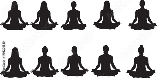 Silhouettes of people meditating in lotus position together calmly