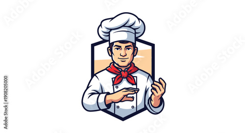 Cartoon illustration of a male chef character wearing a white uniform, hat, and red scarf, standing confidently within a hexagonal emblem, ready to cook.