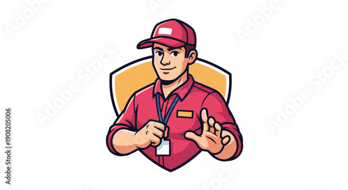 Cartoon illustration of a friendly man in a red uniform cap and shirt, wearing an ID badge, making a stop gesture with his hands against a shield background.