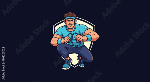 Cartoon illustration of a strong, athletic man in a blue headband and t-shirt, squatting in front of a shield, ready for action.