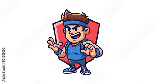 A cartoon illustration of a determined male athlete mascot wearing a blue headband and tank top, with a red shield background.
