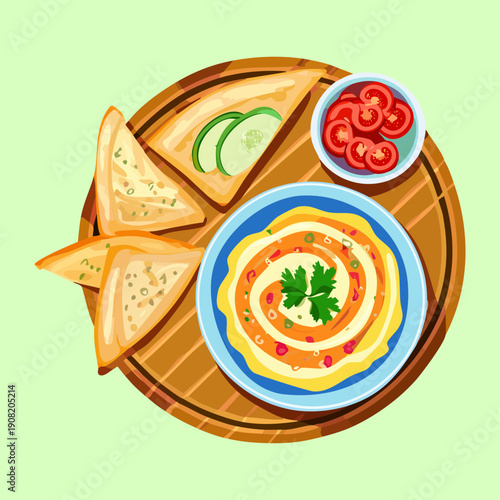 Middle eastern hummus platter with warm pita bread and fresh vegetable dips on a wooden tray - Vector Illustration