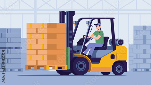 Forklift operator transporting stacked boxes inside warehouse, Concept of warehouse operations, logistics and material handling