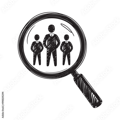 Magnifying glass focuses on a group of three sketched people