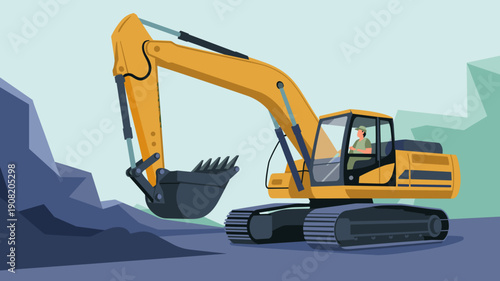 Yellow excavator operating at construction site outdoors, Heavy construction machinery digging ground, Concept of earthmoving, construction work and industrial equipment