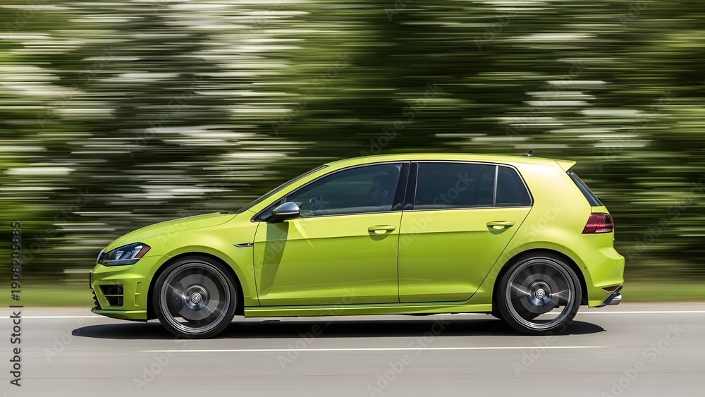 Fototapeta premium A lime green volkswagen golf hatchback in motion on a road