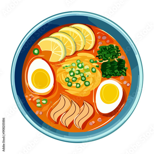 Hearty bowl of japanese ramen noodles with soft boiled eggs and savory broth for a meal - Vector Illustration