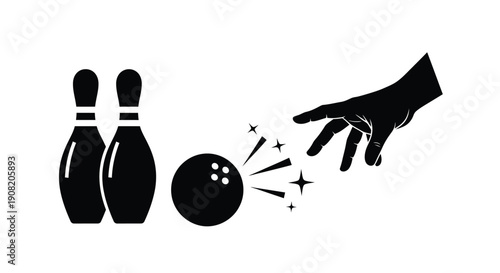 Bowling strike illustration featuring a hand ball and falling pins