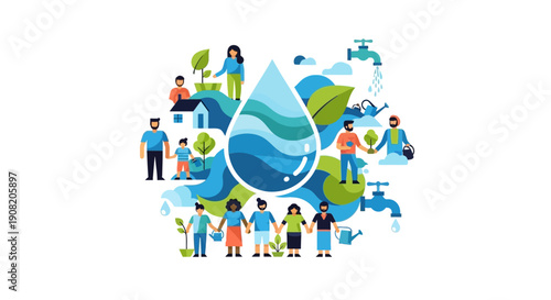 Celebrating World Water Day with diverse people around a large water droplet symbolizing global unity