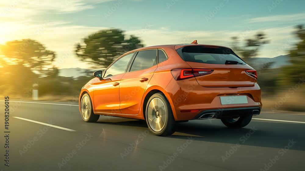 Fototapeta premium Orange hatchback car driving on a scenic road during sunset