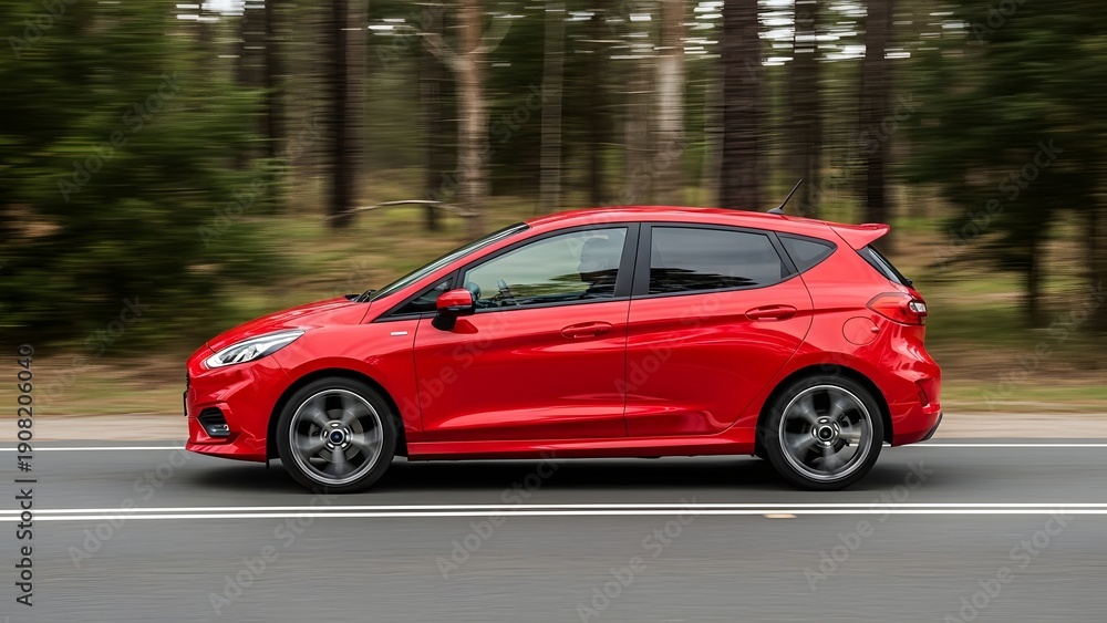 Fototapeta premium A red ford fiesta driving on a road through a forest