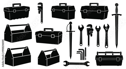 Black silhouette collection featuring toolboxes wrenches and a sword