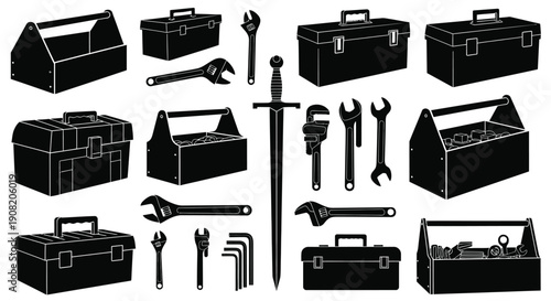 Black silhouette illustrations of toolboxes tools and repair equipment