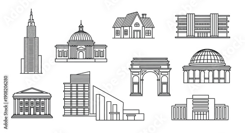 Collection of architectural building sketches in a simple black and white style